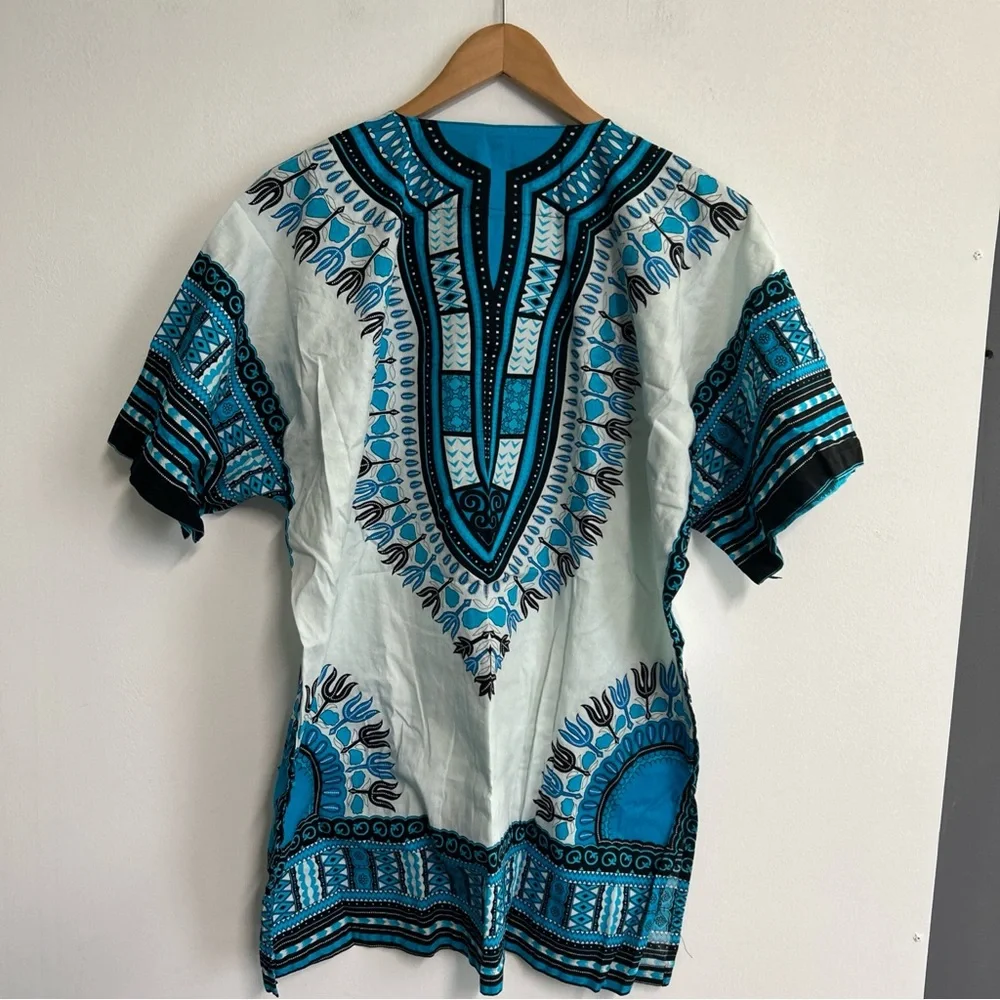 RaanPahMaung Unisex Large Dashki Blue White Pockets Cotton Tribal Short Sleeve‎